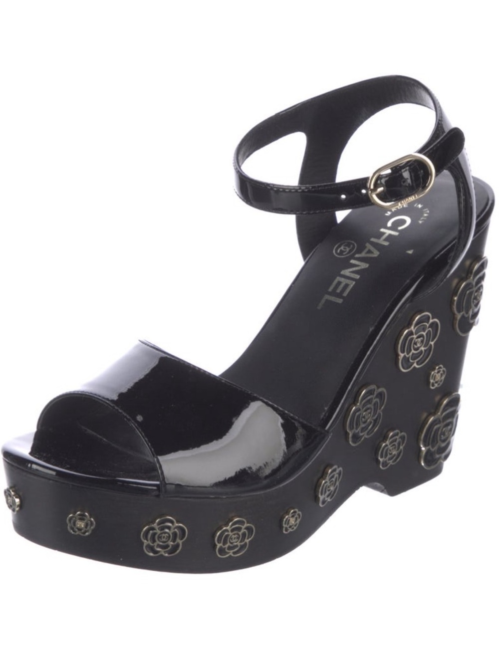 CHANEL Black Patent Leather Camellia-Embellished Wedge Sandals